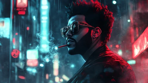 Neon night drifter basking in blue rain and crimson glow.