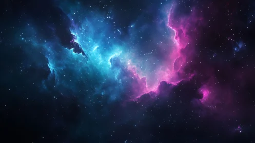 Deep space nebula with blue and magenta ionized gas clouds.