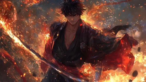 Fierce firelit swordsman walking through a storm of embers.