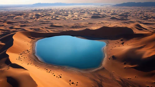 Desert sapphire oasis cradled by molten bronze dunes.