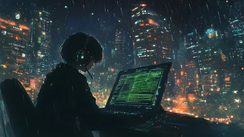 Lone hacker codes in neon city during heavy midnight rain