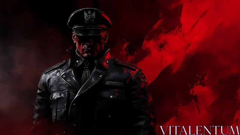 Authoritarian officer in hard light against abstract red haze