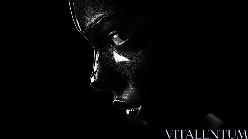 Specular cybernetic face profile in high-contrast darkness.