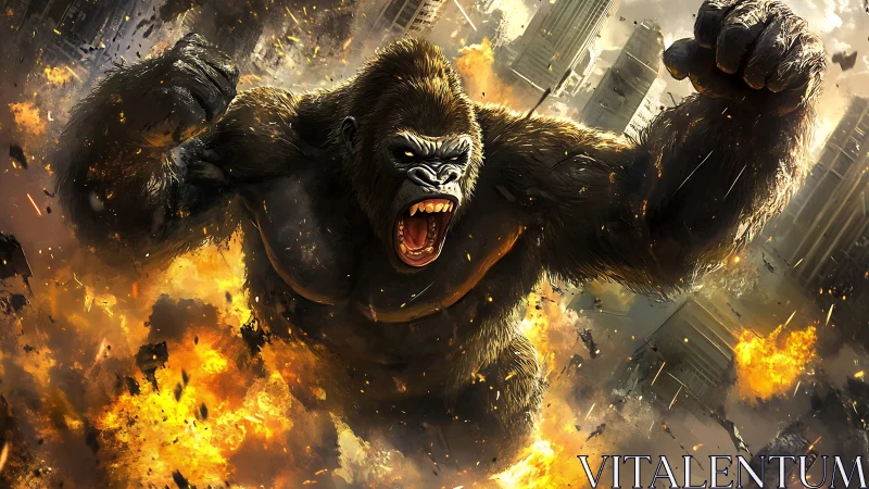 Giant enraged gorilla rampages through burning city skyline