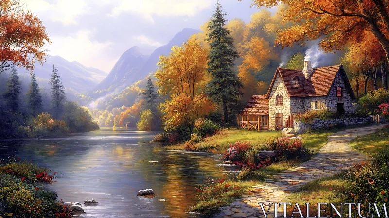 Riverside stone cottage under warm autumnal foliage and misty peaks