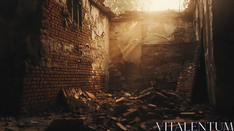 Golden light spilling into a quiet crumbling brick room.
