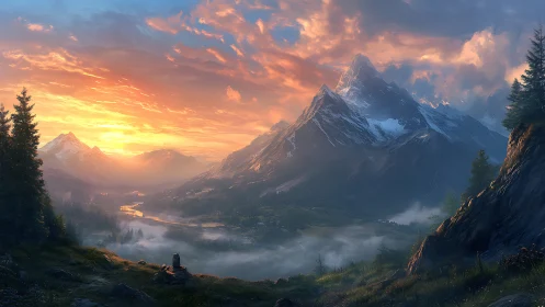 Sunrise over misted valley beneath towering alpine peaks.