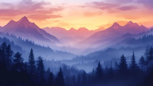 Sunrise mist rolls through tranquil pine valleys and peaks