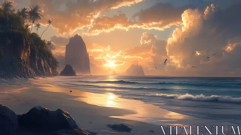 Sunlit tropical shore with cliffs, waves, and seabirds at dusk.