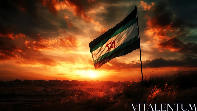 Wind-sculpted tricolor flag against high-contrast sunset skyline