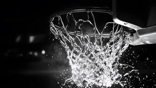 Water splashes outward beneath a lit basketball hoop rim