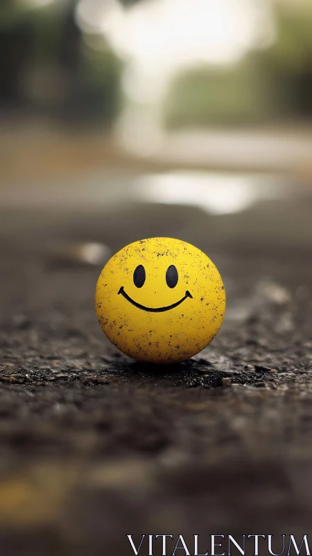 Dirty yellow smiley ball on wet street surface at dusk.