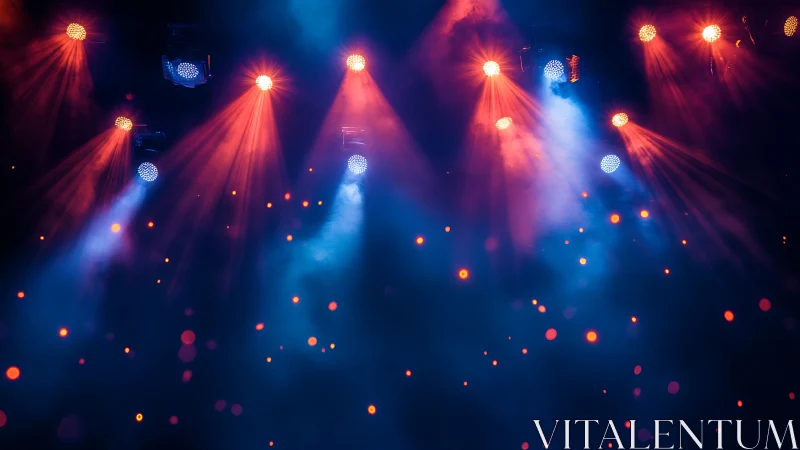 Stage lights paint electric haze in neon red and blue glow.