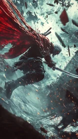 Stormborne swordsman carving sparks through falling ruin.