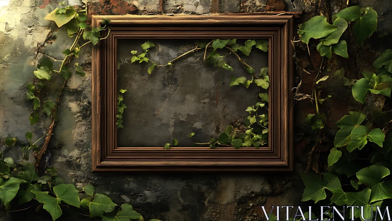 Empty wooden frame on ivy wall evokes quiet reclaimed beauty