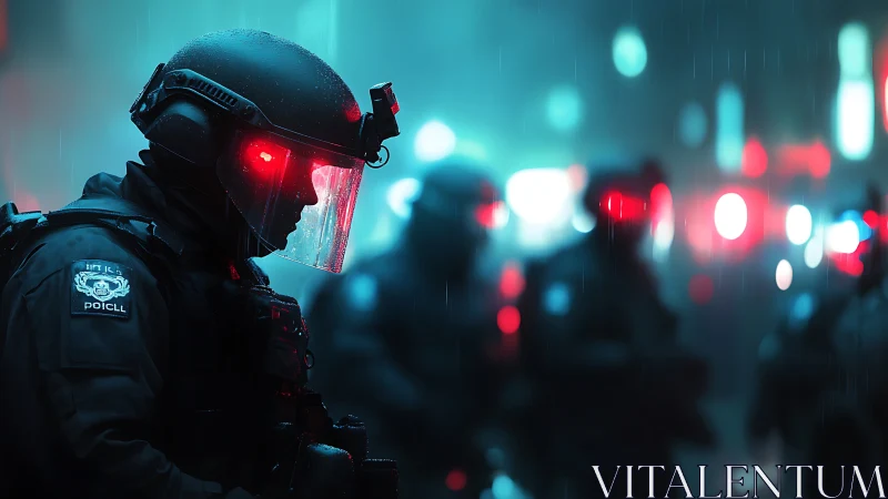 Armored cyber police advance through neon drenched rain