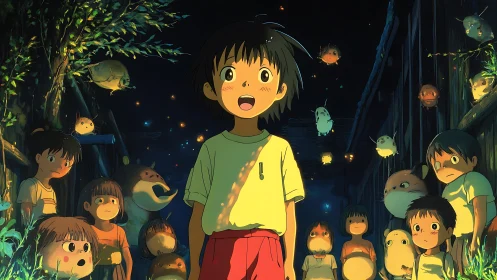 Child meets glowing forest spirits under starlit night sky.