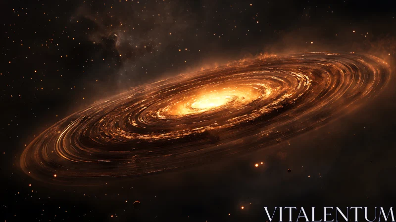 Golden spiral galaxy glowing warmly in the quiet night sky.