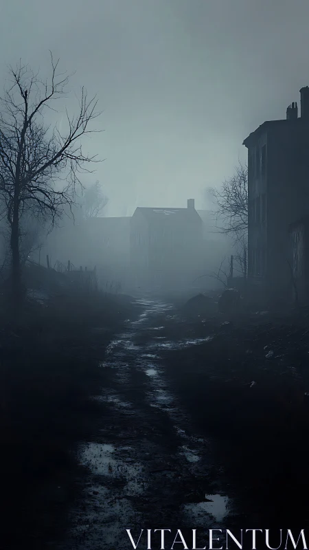 Foggy dirt road passes derelict houses at dusk in winter