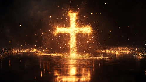Radiant fiery cross burns against deep shadowed darkness.