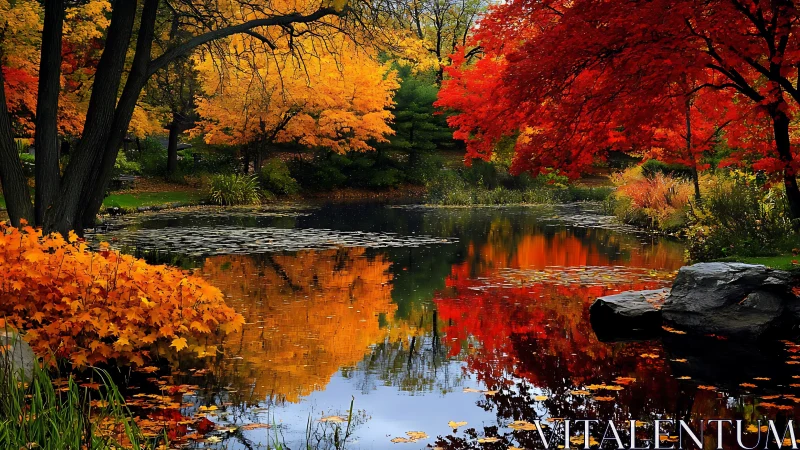 Autumn foliage and pond reflection in a wooded park setting.