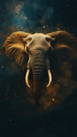 Celestial elephant emerges from embers in cosmic dusk.