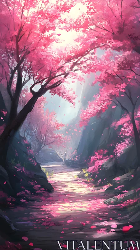 Sunlit cherry blossom ravine bathes a quiet path in pink.