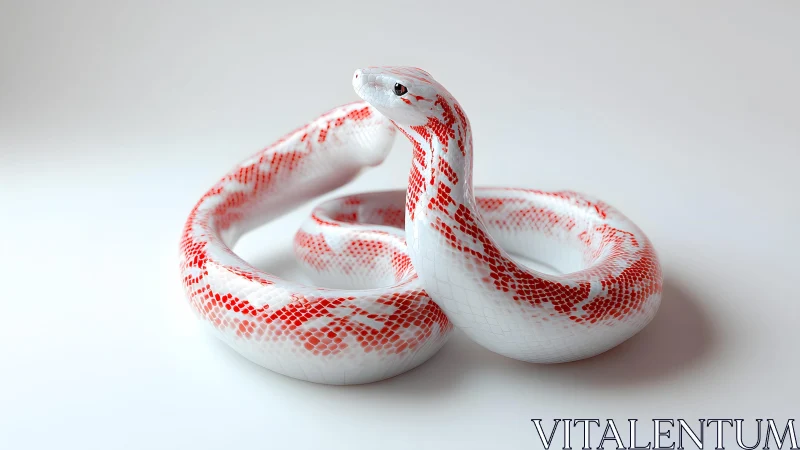 Striking white and red snake on white background, minimalist style.