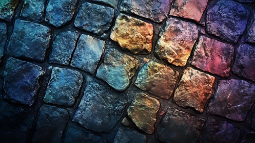 Vibrant cobblestone street with colorful lighting in artistic style.