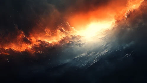 Fiery cloud mass over dark atmospheric expanse in motion.