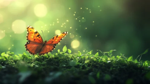 Vibrant orange butterfly resting on moss in dreamy nature scene.