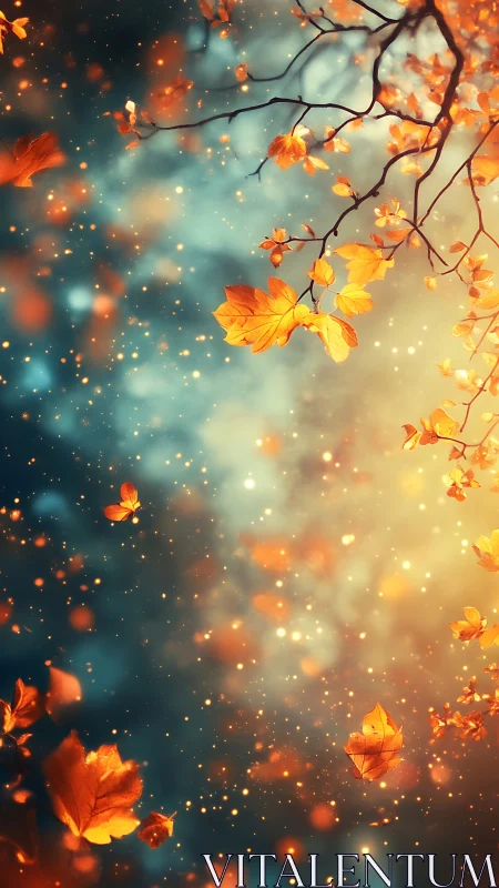 Golden autumn leaves drifting through soft glowing light.