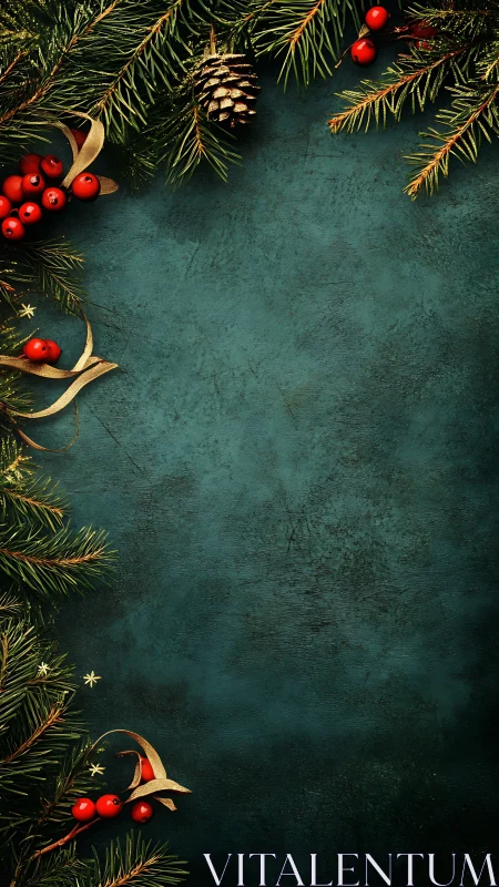Cozy evergreen frame with berries on deep teal backdrop.