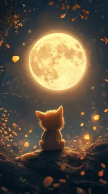 Small fox watches glowing full moon in autumn night
