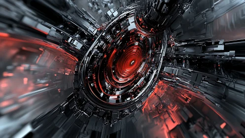 Futuristic metallic core radiates red energy in tunnel