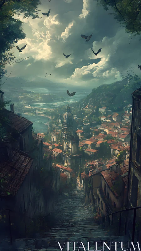 Dramatic hillside city descends to a misty river bay