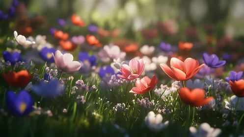 Shallow Depth Field Flower Garden with Multicolor Tulips and Companion Plantings