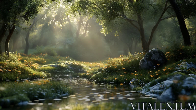 Forest Stream Dawn Light Through Trees.