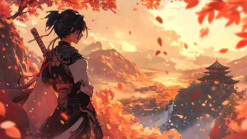 Digital painting of lone samurai in autumn mountain vista.