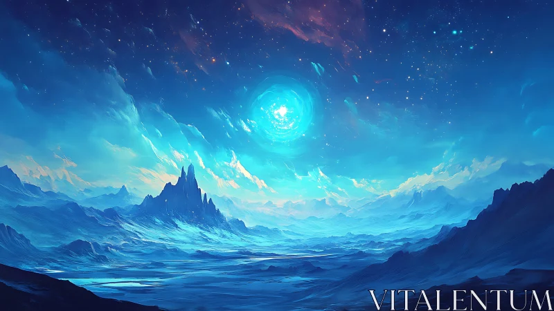 Starlit ice valley under a glowing celestial blue sun.