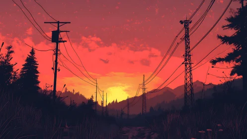 Sunset power lines over forested valley in vivid crimson sky.