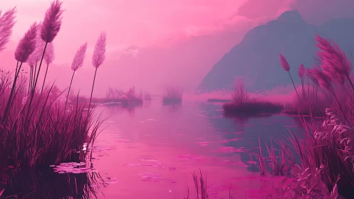 Neon pink reed marsh reflects misty mountains at dusk.