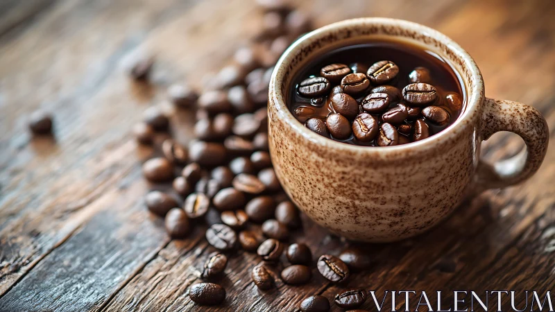 Rustic coffee cup with glossy beans on weathered table.