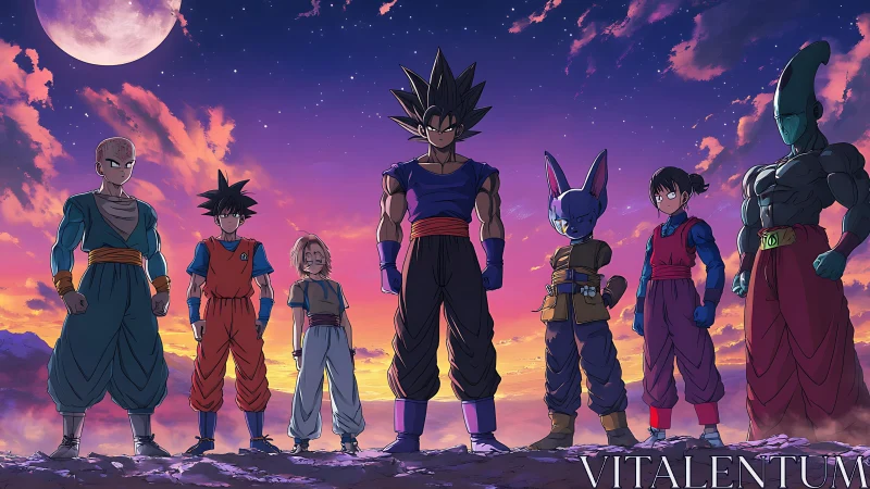 Twilight anime warriors aligned beneath a glowing moon.