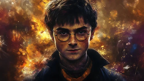 Young wizard in fiery magic haze, staring down destiny.