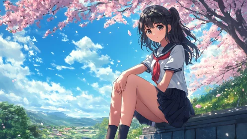 Schoolgirl under cherry blossoms overlooking rural valley