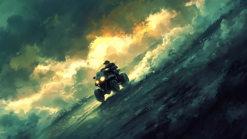 Quad bike rider cutting through stormwave under sunset glow.