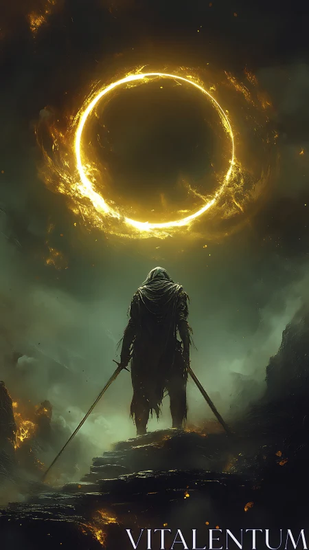 Lone cloaked warrior studies burning celestial ring in volcanic haze