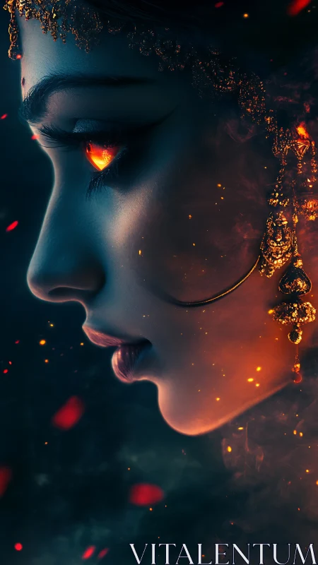 Digital painting profile of fiery-eyed goddess in ember haze.