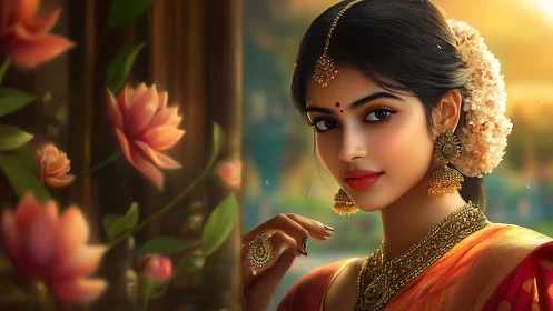 Golden-hour muse in sari among drifting temple blossoms.